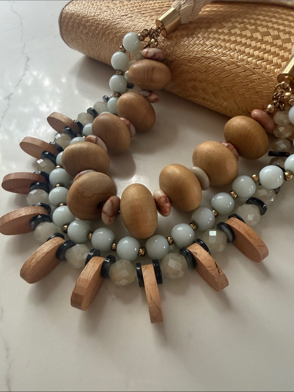 boho Neutral Beaded Multi-Strand Statement Necklace